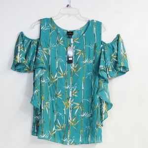 Worthington Turquoise Bamboo Cold Shoulder Georgette Blouse Size XLT